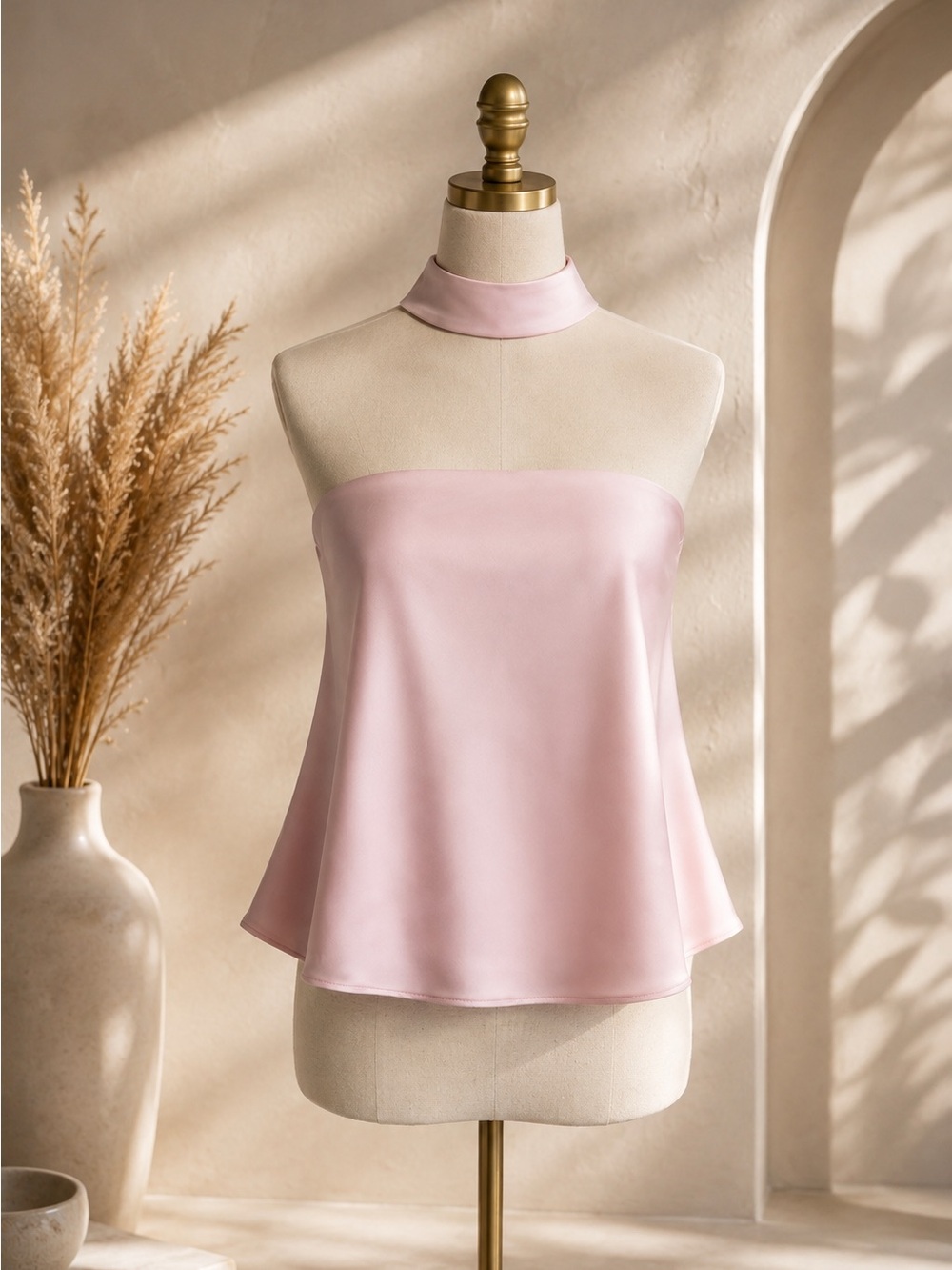 Satin Strapless Choker Cami in Light Pink